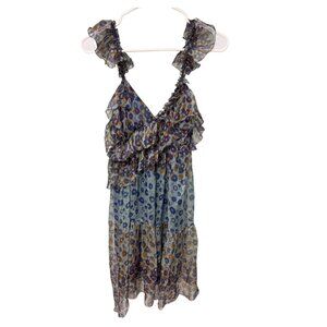 Max Studio 100% Silk Blue Floral Ruffle Tiered Midi Dress Size M